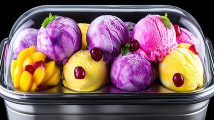 Vibrant Ice Cream Assortment with Colorful Flavors in a Glass Container on a Dark Background