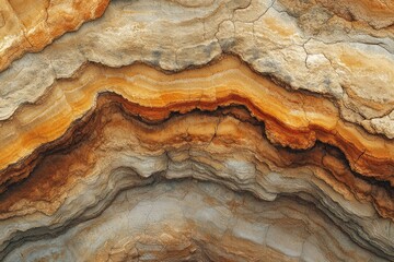 Obraz premium Layered rock formation with varying shades of brown, orange, and gray, showing geological strata and texture.