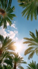 Obraz premium top-down view looking up through tall palm trees arranged like a natural frame around the edges, clear open sky in the center, bright sun shining through the palms, visible sun.