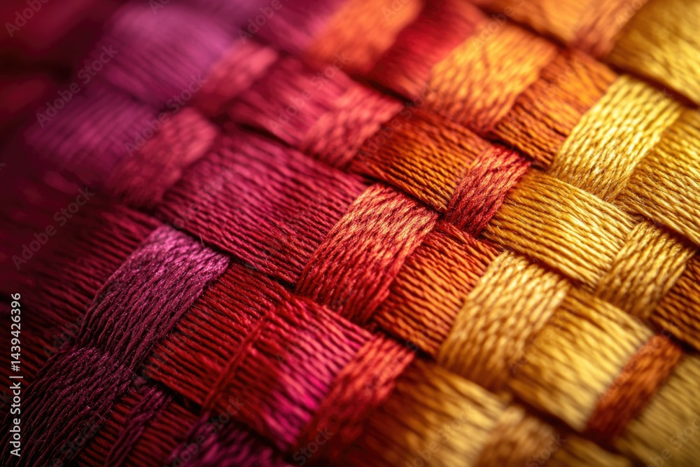 Aufkleber Close-up of interwoven threads in a gradient of warm colors, showcasing intricate texture and vibrant hues.