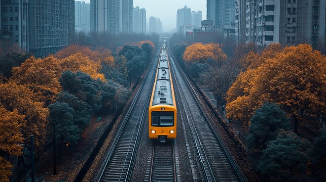 Yellow train on railway tracks in Chongqing, China, aerial view, Unsplash photography style.