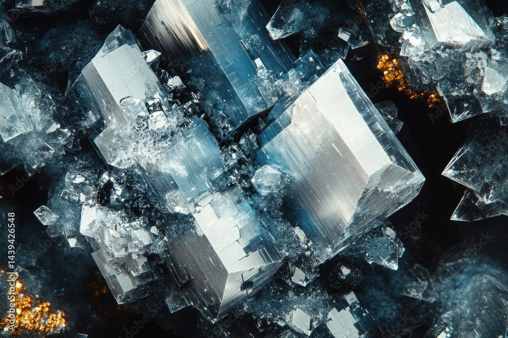 Poster close-up view of large, fractured, crystalline structures, showcasing their intricate geometric deta