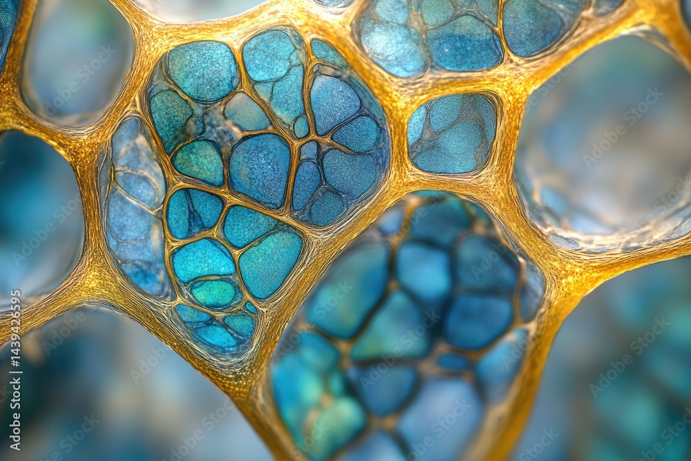 Poster abstract image depicting a network of interconnected, vibrant blue and gold cells, resembling a micr