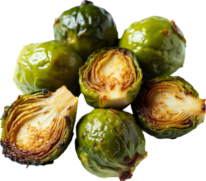 Perfectly Roasted Brussels Sprouts Isolated on Transparent Background for Food Blogs, Recipe Websites, and Culinary Promotions