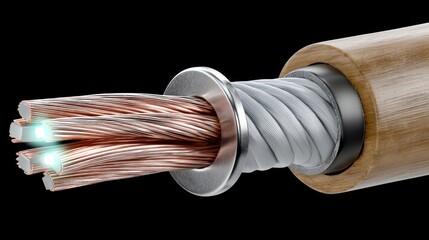 Close-up of Copper Wire Insulated Cable with Wood and Metallic Components on Black Background