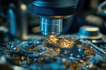 Microscope analyzing a gold-bearing rock sample, revealing intricate details of mineral composition.