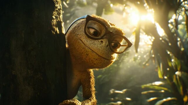 A whimsical scene of a lizard wearing glasses perched on a tree alongside a stuffed animal friend