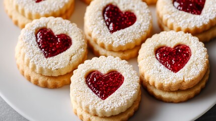 Plate of cookies with hearts on them. The cookies are white and red. The plate is on a table