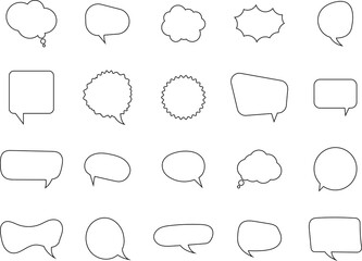 Set of blank white speech bubble in flat design, chatting box, message box icon. Balloon doodle style of thinking sign symbol. Speech bubble isolated on background.