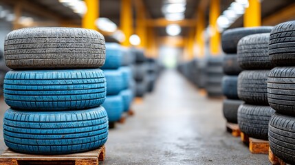 Row of blue and gray tires are stacked on top of each other. The tires are on wooden pallets and are in a warehouse