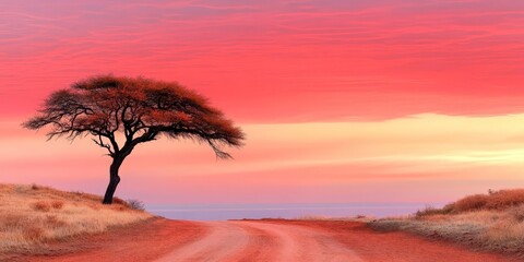 Serene African Sunset with Acacia Tree and Dusty Road