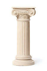 Ancient greek Classical white column with intricate Ionic isolated on white background