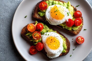 Avocado Toast with Poached Eggs and Cherry Tomatoes on Grey Plate