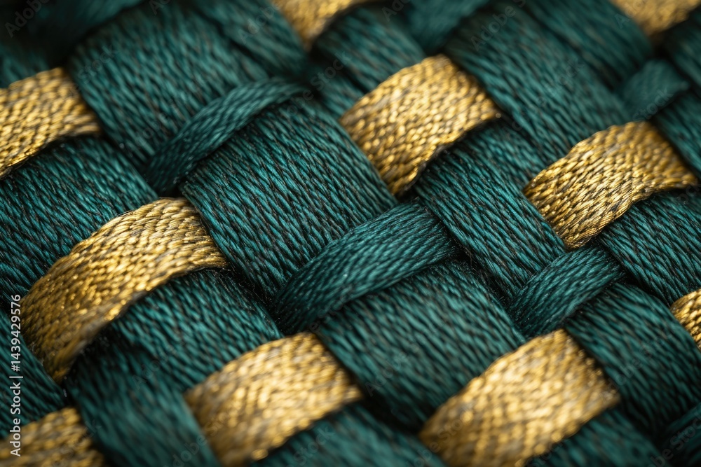 Leinwandbilder close-up of intricately woven teal and gold threads creating a luxurious textile pattern.