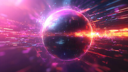 Obraz premium Sphere with intricate circuit-like patterns and glowing accents amidst streaks of pink and red energy