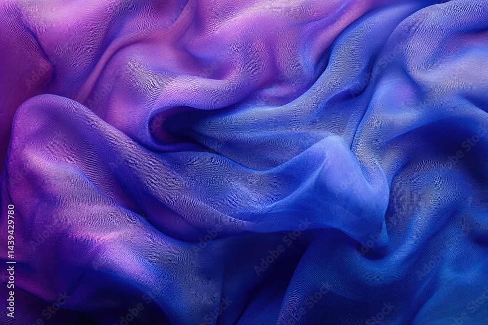 Poster draped purple and blue silk fabric with gradient color effect, soft and luxurious texture.