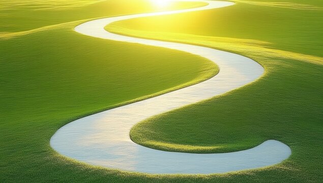 Winding golf course path at sunrise