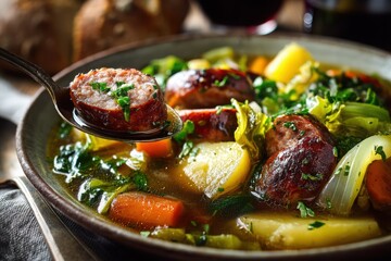 Sausage and Vegetable Soup with Spoonful, Warm Tones, Comfort Food Photography