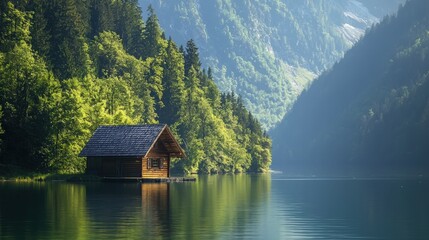 Fototapeta premium Wooden cabin on a serene lake nestled amongst lush mountains.