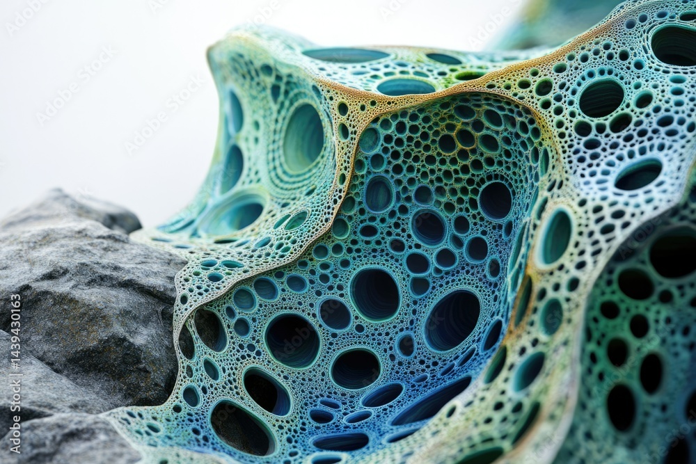 Poster abstract 3d render of a porous, organic-looking structure resembling a teal-colored coral reef or sp