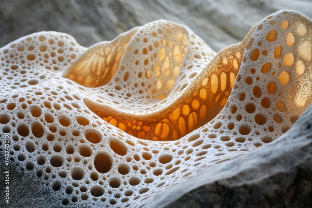 Poster intricate porous structure resembling a honeycomb or coral, exhibiting a textured, undulating surfac