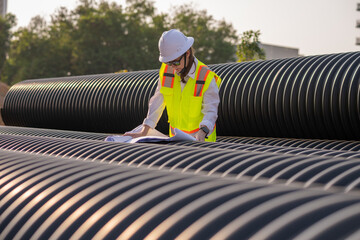 Engineer worker operations construction plans large black drainage pipe installing underground...
