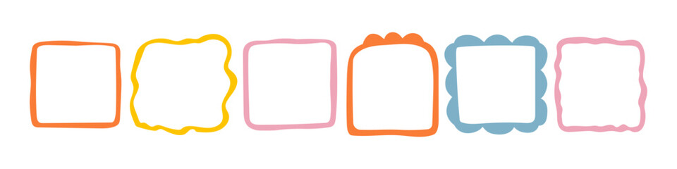 Doodle wave curve edge frame. Hand drawn wavy rectangle borders. Doodle brush drawn square and circle picture frame. Vector illustration isolated on white background.