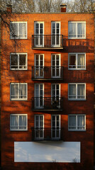 Brick building facade with windows and balconies in warm sunlight set against a background of bare trees