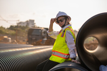 Engineer worker operations construction plans large black drainage pipe installing underground...