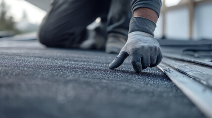 Worker Installing Roofing Material
