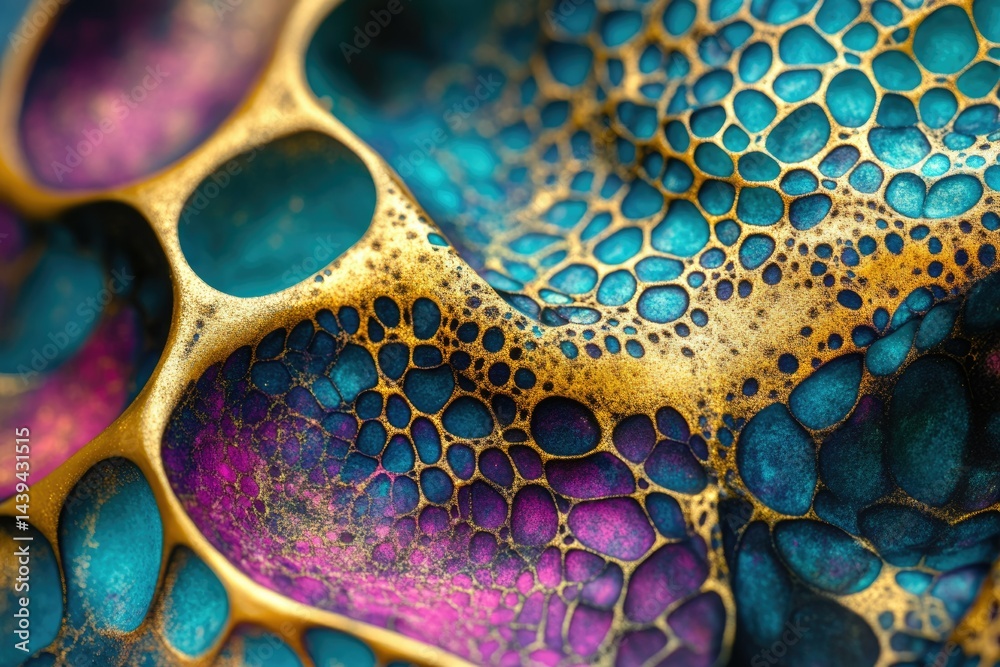 Poster abstract close-up of vibrant gold, teal, and purple fluid art with a unique cell-like pattern.