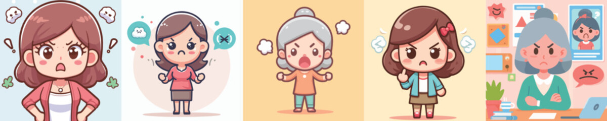 collection of vector images of an angry woman