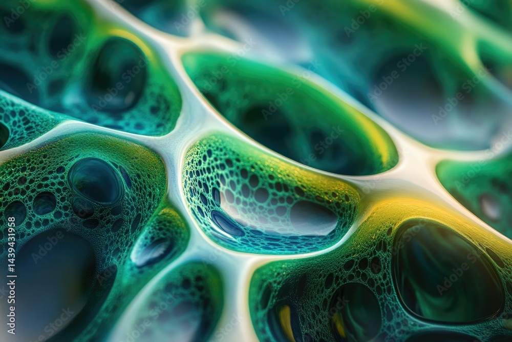 Aufkleber Abstract image of vibrant green and yellow organic shapes with bubble-like textures, resembling a microscopic view of cells or a surreal landscape.