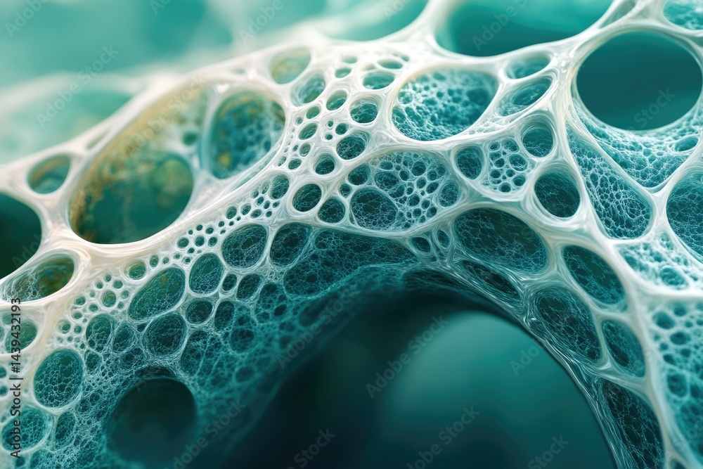 Poster Abstract image depicting a complex, interconnected network of interconnected bubbles and cavities, resembling a biological structure or fractal pattern.