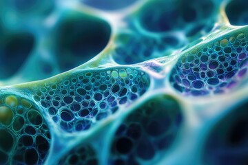 Abstract image of a porous, interconnected structure, resembling a network of cells or capillaries.