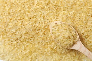 Raw brown rice in wooden spoon
