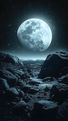 Obraz premium A rocky landscape with a huge moon above and mountains visible far off in the distance under a starry sky
