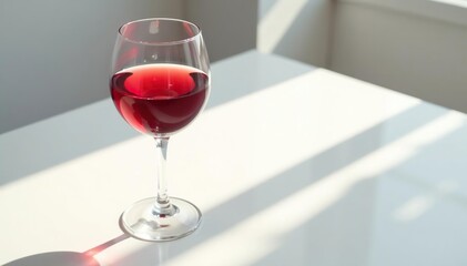 Elegant glass of red wine on pristine white surface, sunlight reflecting , beverage, drink