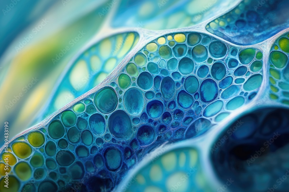 Aufkleber Abstract close-up of a vibrant blue and green cellular structure resembling a biological network.