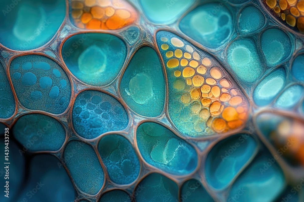 Poster abstract art showcasing vibrant teal and orange cells, resembling a microscopic view of organic stru