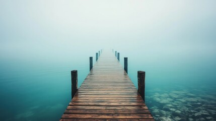 Fototapeta premium A wooden pier extends into a foggy expanse of water
