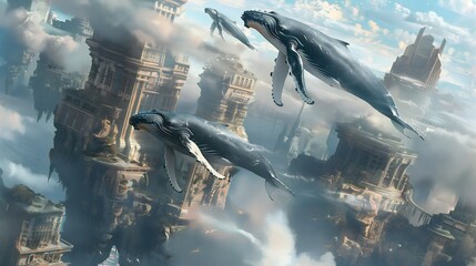 A pod of humpback whales gracefully swimming through the cloud filled canyons of a futuristic cityscape