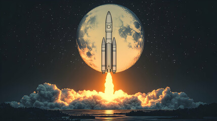 Obraz premium Rocket launching to space with moon background and cloud of smoke at dark night over water