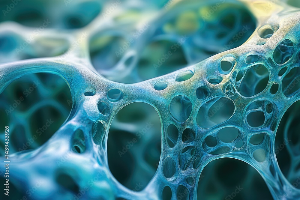 Poster Abstract close-up of a porous, turquoise, interconnected network resembling a complex biological structure.