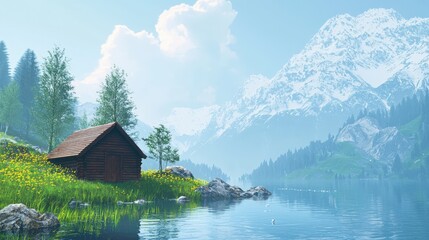Picturesque alpine cabin by a serene lake nestled amongst snow-capped peaks.