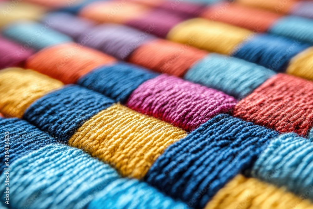 Poster close-up of vibrant, multicolored yarn strands arranged in a woven pattern, showcasing texture and c