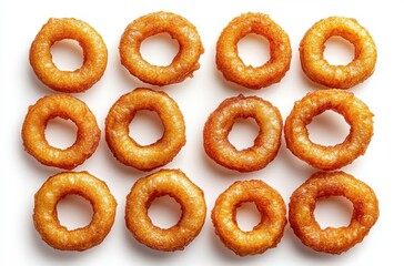 Fototapeta premium Freshly Fried Golden Ring-Shaped Pastries on White Background for Culinary and Food Photography Projects