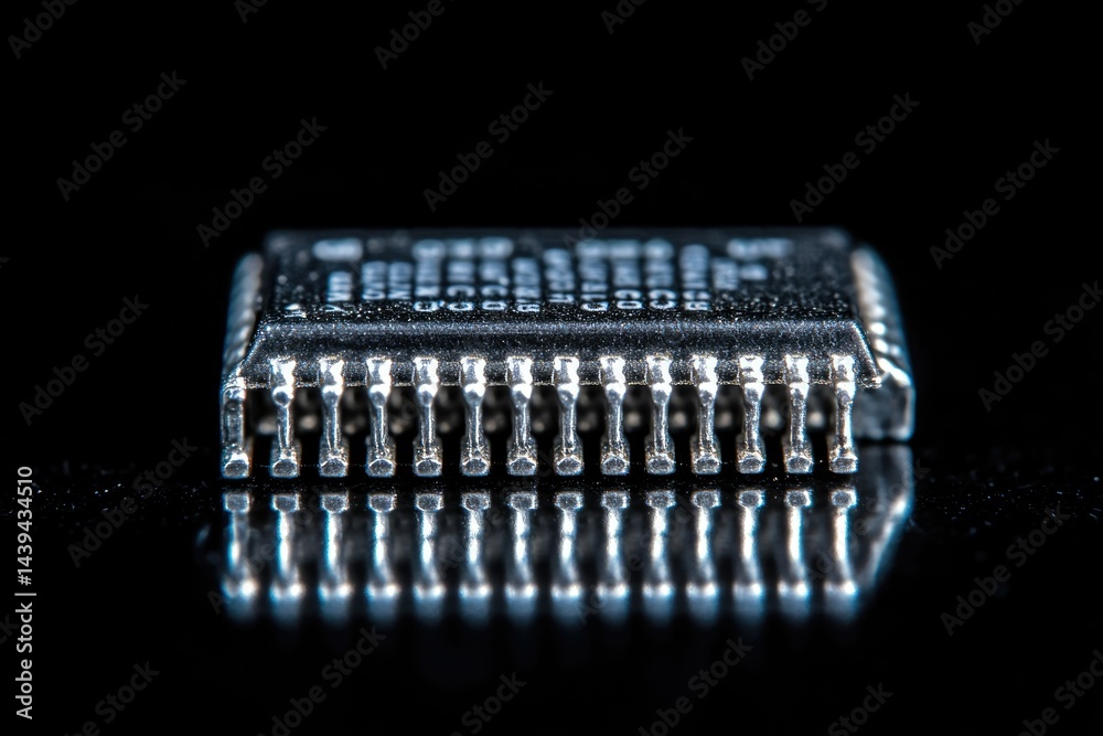 Poster close-up of an integrated circuit chip showcasing its intricate details and metallic pins.