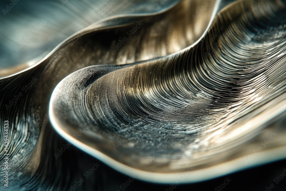 Poster abstract close-up of a metallic surface with undulating, textured waves, reflecting light.