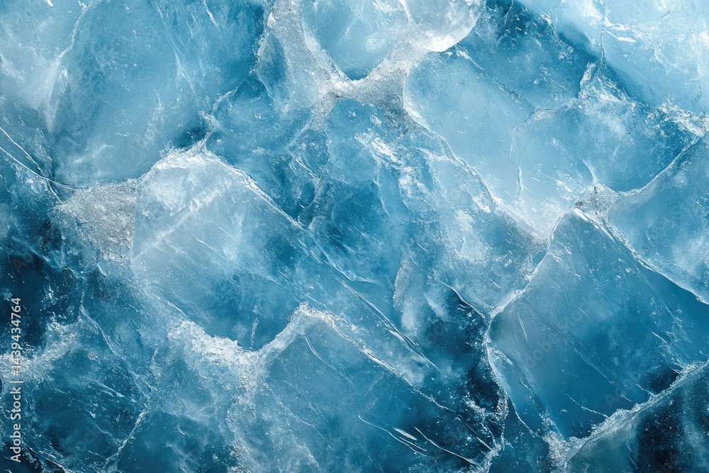 Poster close-up view of a glacial ice formation, showcasing its translucent blue texture and intricate crys